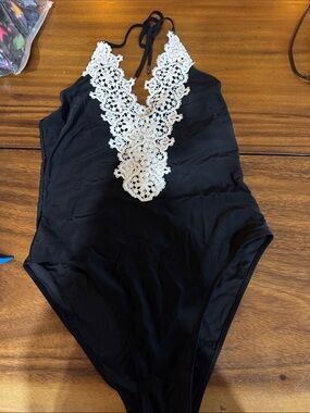 Black One-Piece Swimsuit with White Crochet V-Plunge